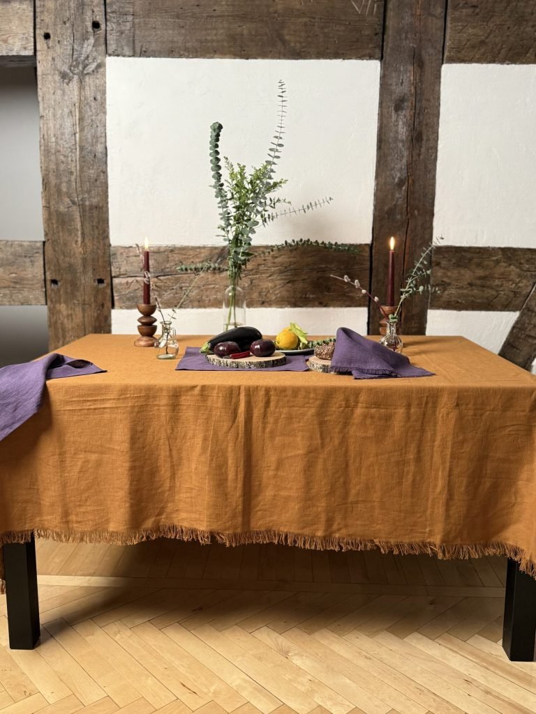 Cinnamon linen table cloth raw edge