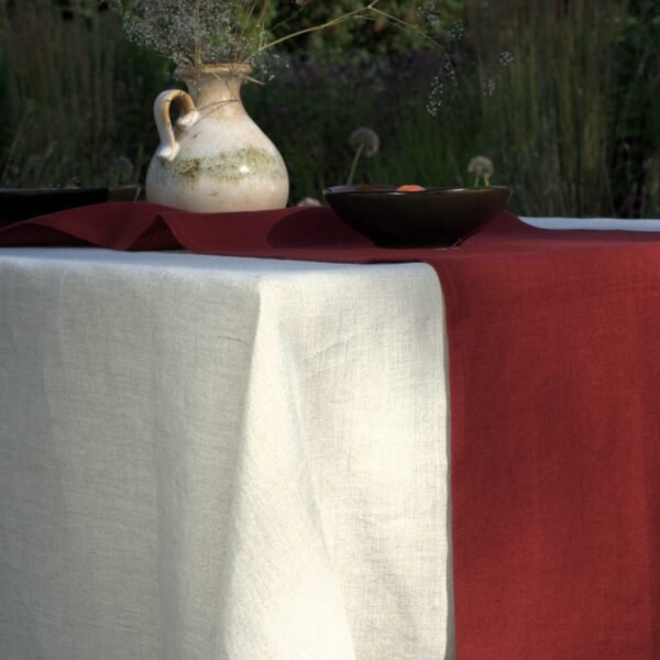 Linen table runner in wine red color made from 100% pure stonewashed European linen.