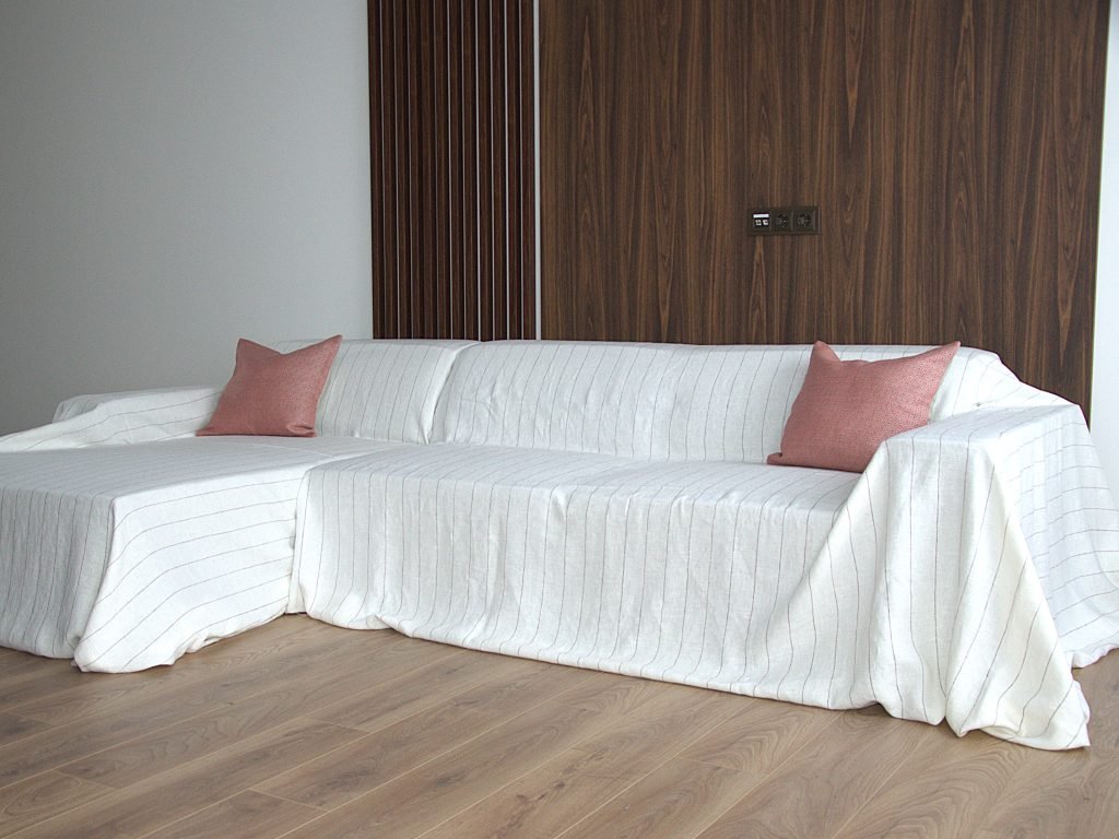 Line couch cover for L-shaped sofa in heavy weight linen white color with brown lines