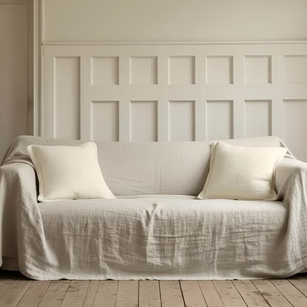 Linen Couch Cover – Natural Flax Sofa Slipcover, Washable Farmhouse Furniture Protector