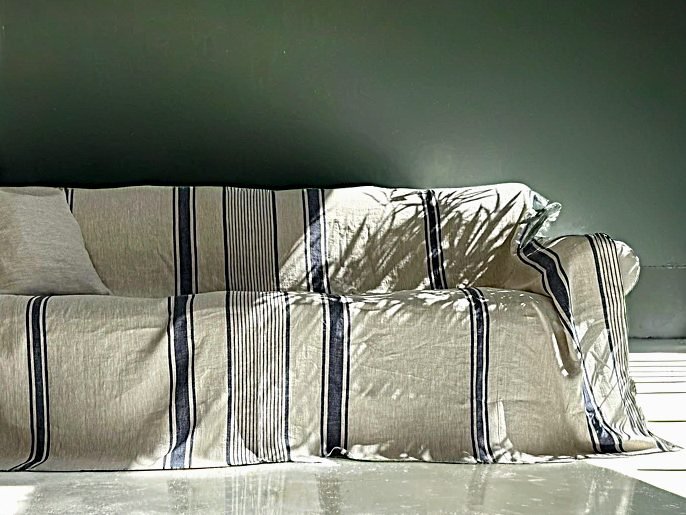 Natural linen striped sofa cover