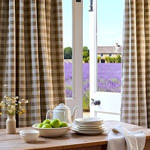 Checkered Linen Cafe Curtains – Gingham Kitchen and Dining Room Rod Pocket Drapes, Rustic Country Style Custom Size Linen Curtains