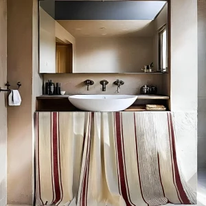 Hideaway Linen Shelf Curtain for Bathroom or Kitchen – Custom Sink Linen Cabinet Curtains – French Style Rod Pocket Curtain