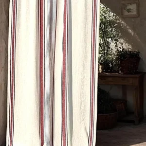 French Country Linen Drapes – Red Striped Farmhouse Curtains, Natural Linen Rod Pocket Panels for Rustic Cottage Living Room