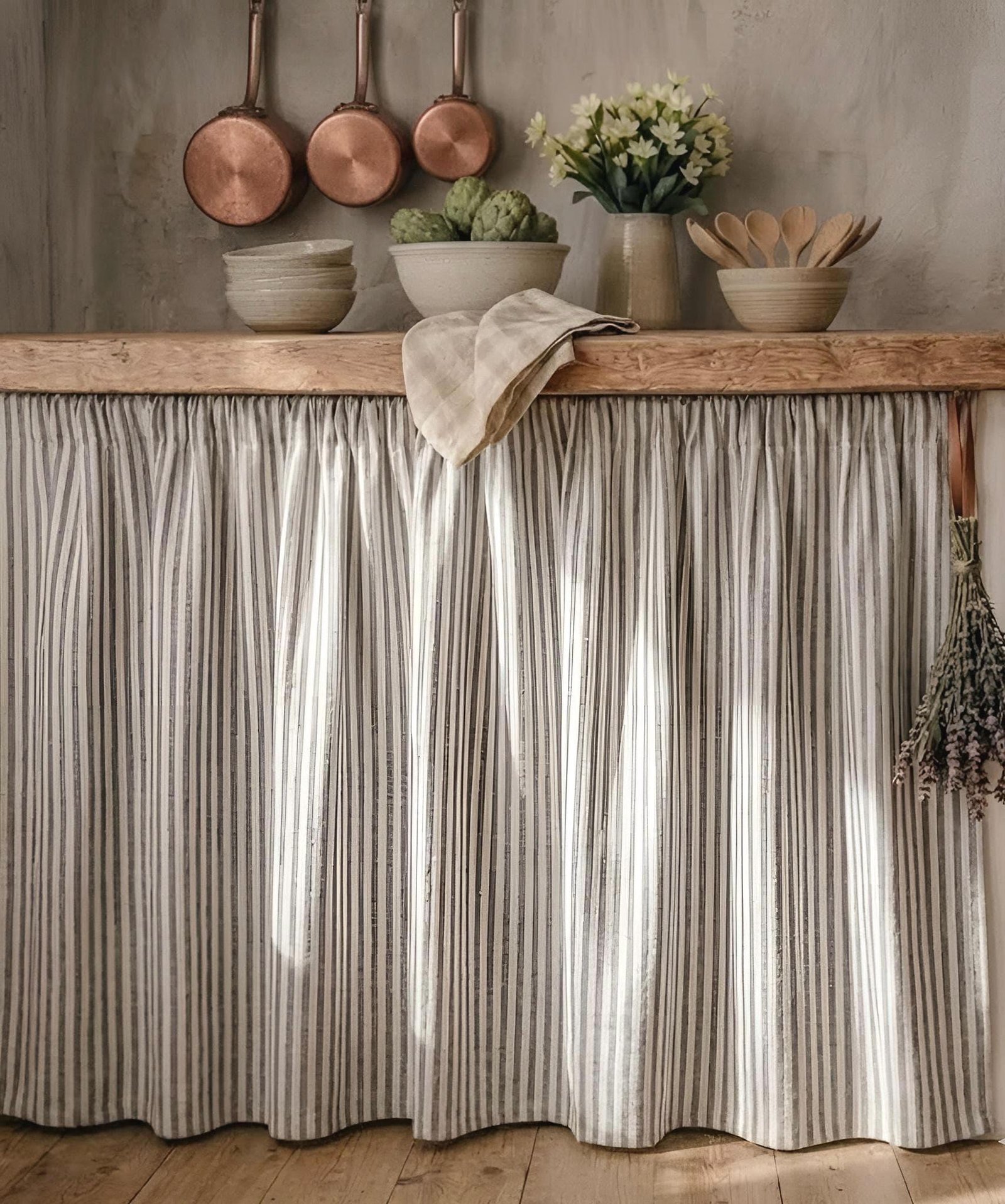 Striped cabinet curtain