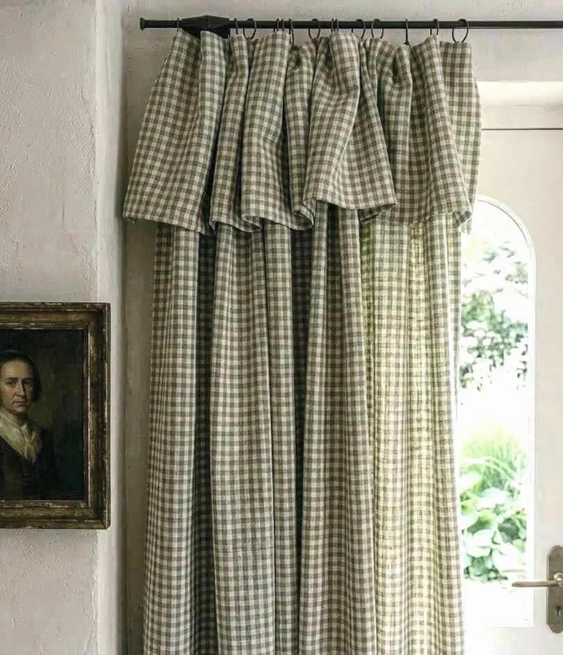 Green Gingham Linen Curtains, Ruffle Top Rod Pocket Panels, Full Length Door and Window Curtains - Image 2