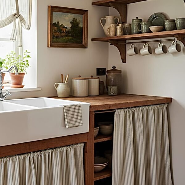Striped Linen Kitchen Curtain, Small Window Valance, Cupboard Curtain, Sink Skirt