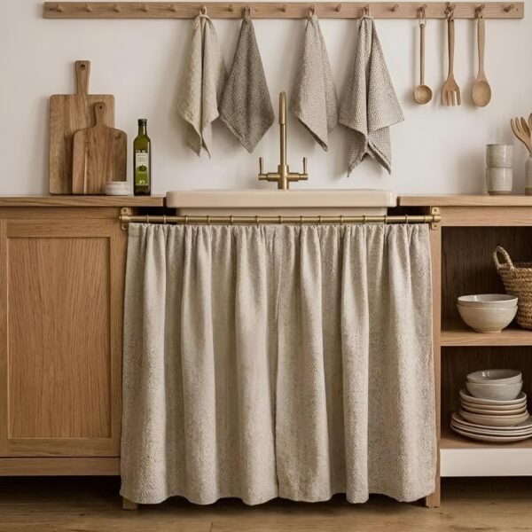 Herringbone Linen Cabinet Curtain, Sink Skirt, Kitchen Cupboard Cover, Under Sink Curtain