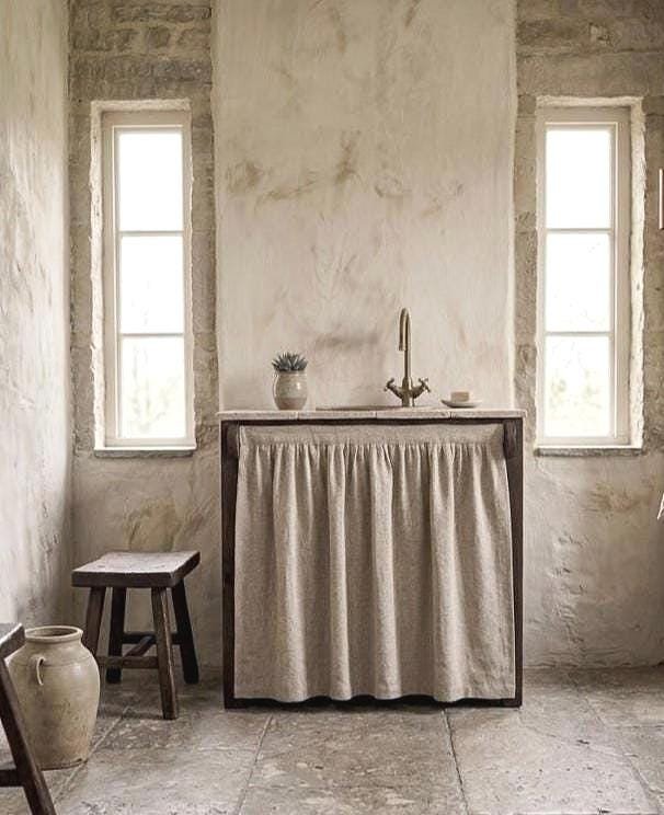 Natural Linen Sink Skirt, Hook and Loop Cabinet Curtain, Under Sink Cover - Image 5