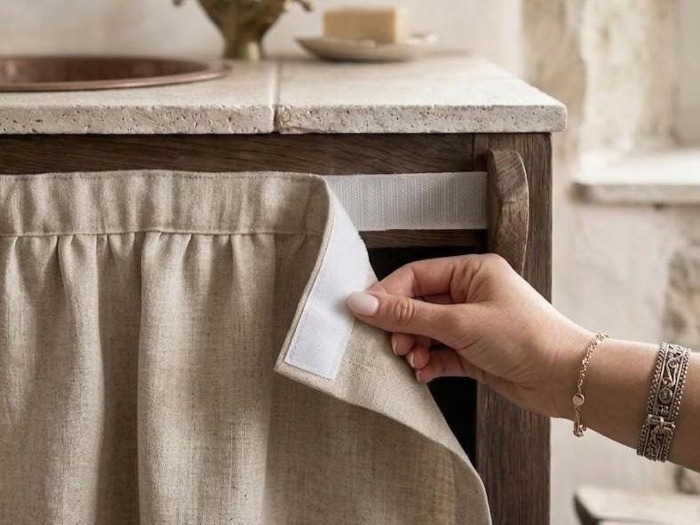 Natural Linen Sink Skirt, Hook and Loop Cabinet Curtain, Under Sink Cover - Image 2
