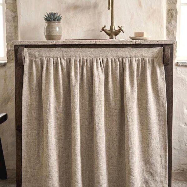 Natural Linen Sink Skirt, Hook and Loop Cabinet Curtain, Under Sink Cover