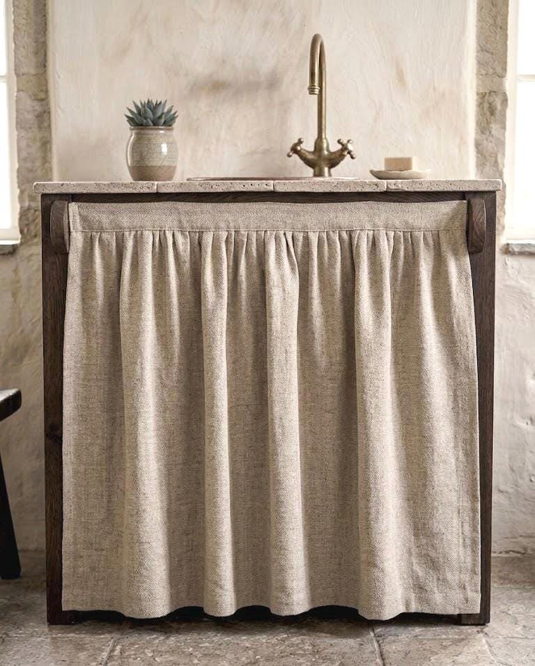 Natural Linen Sink Skirt, Hook and Loop Cabinet Curtain, Under Sink Cover