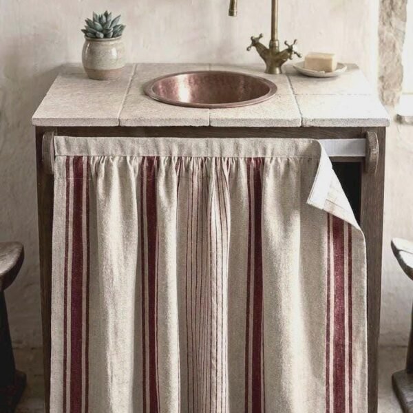 Striped Linen Sink Skirt, Hook and Loop Cabinet Curtain, Under Counter Cover