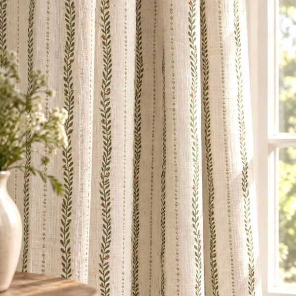 Botanical Leaf Linen Curtains, Custom Length Window Drapes, Rod Pocket Panels