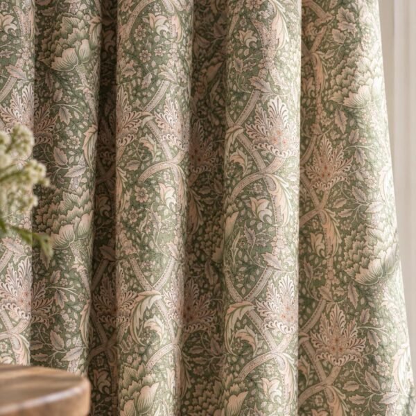 Floral Linen Curtains, William Morris Style Window Panels, Custom Length Drapes