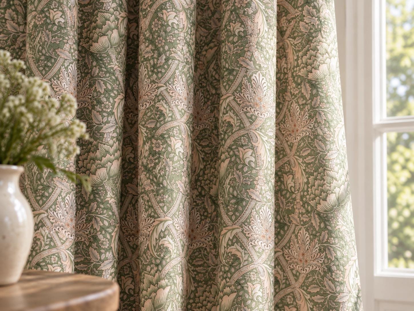 Floral Linen Curtains, William Morris Style Window Panels, Custom Length Drapes