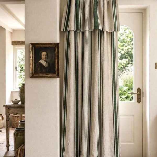 Striped Linen Curtains with Valance, Farmhouse Door Curtain, Ruffle Top Window Drapes